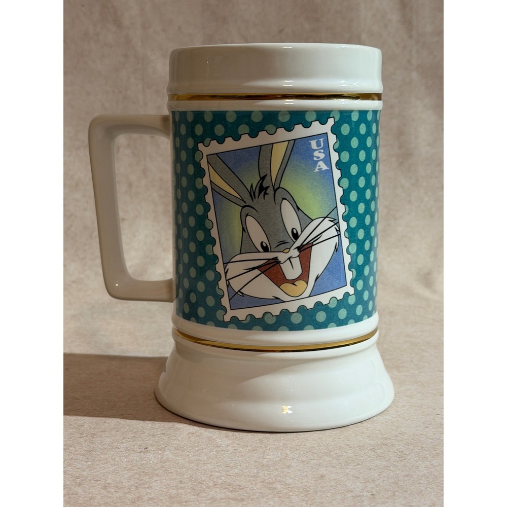 Vintage 1997‎ Bugs Bunny Warner Bros USPS Stamp Ceramic Beer Stein Mug Gold Trim
